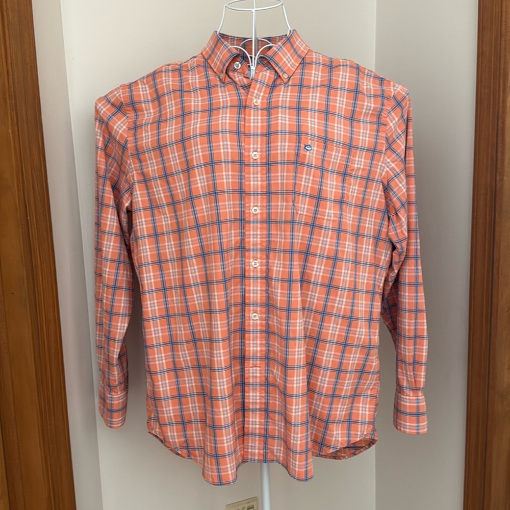 Southern Tide XL Men's Plaid Button-Down Shirt - Orange and Blue